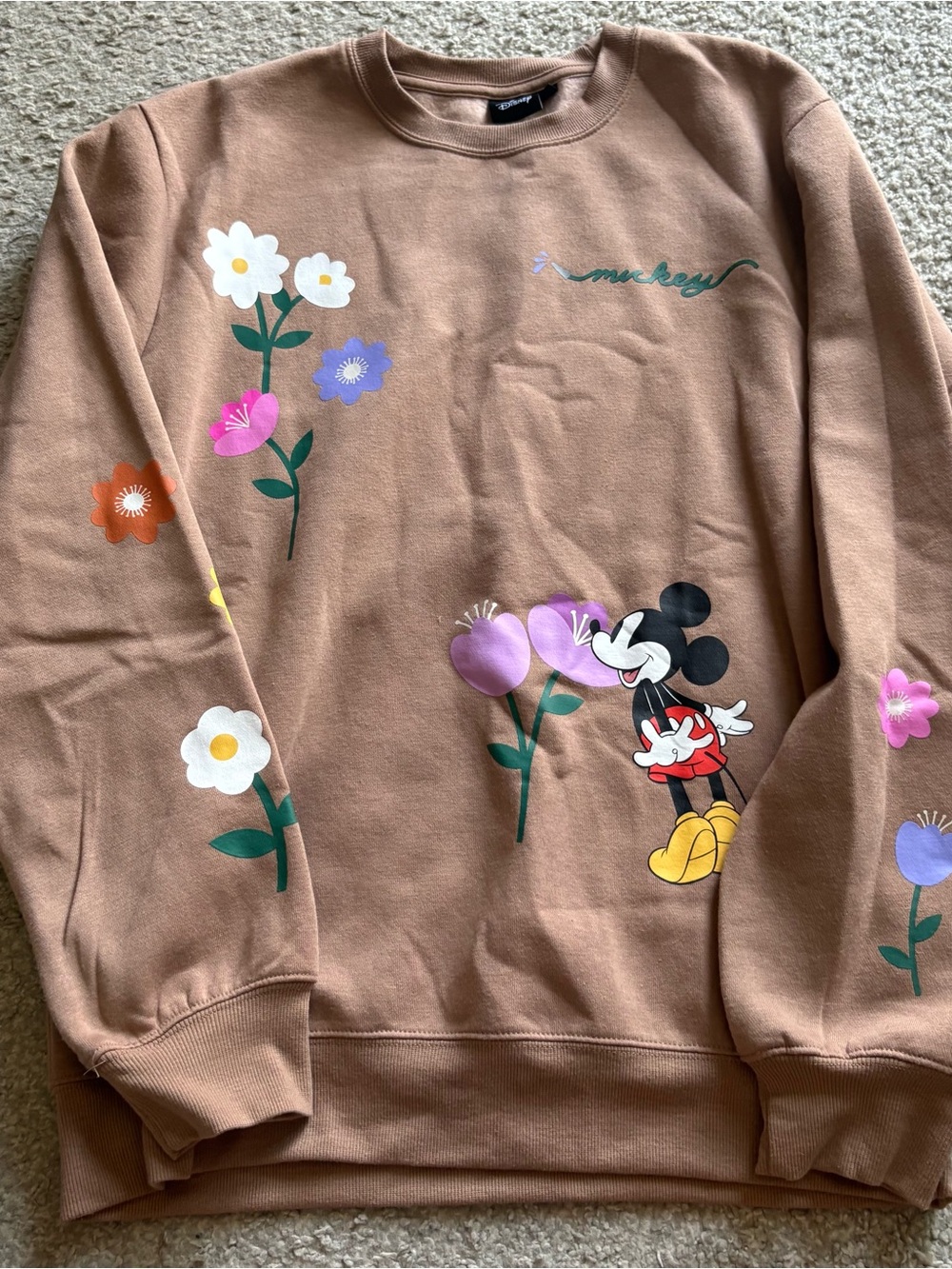 Disney Brown Mickey Mouse Floral Crewneck Sweatshirt Medium